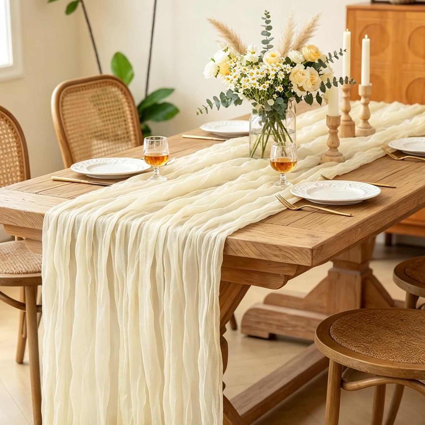 Yellow Cheesecloth Table Runner, 10FT Rustic Gold Boho Gauze Table Runner for Wedding Bridal Shower Baby Shower Birthday Tea Party Decorations
