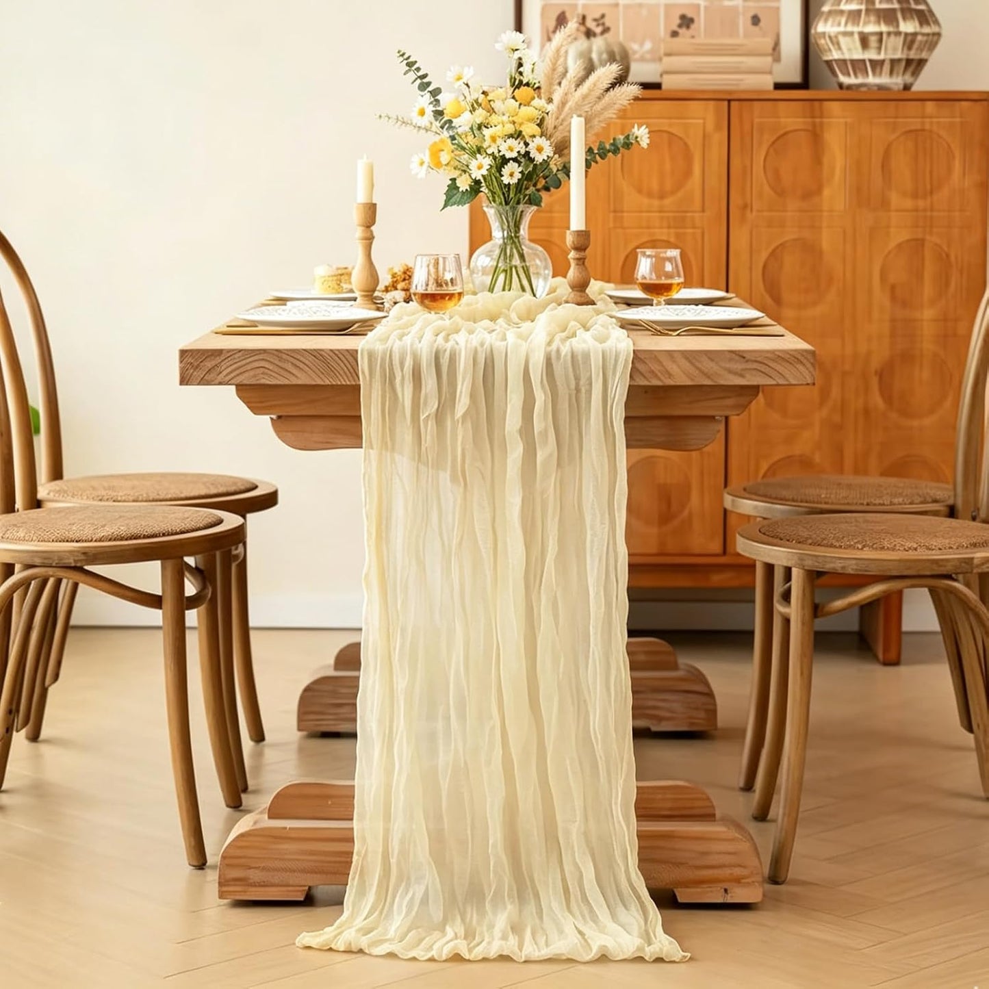 Yellow Cheesecloth Table Runner, 10FT Rustic Gold Boho Gauze Table Runner for Wedding Bridal Shower Baby Shower Birthday Tea Party Decorations