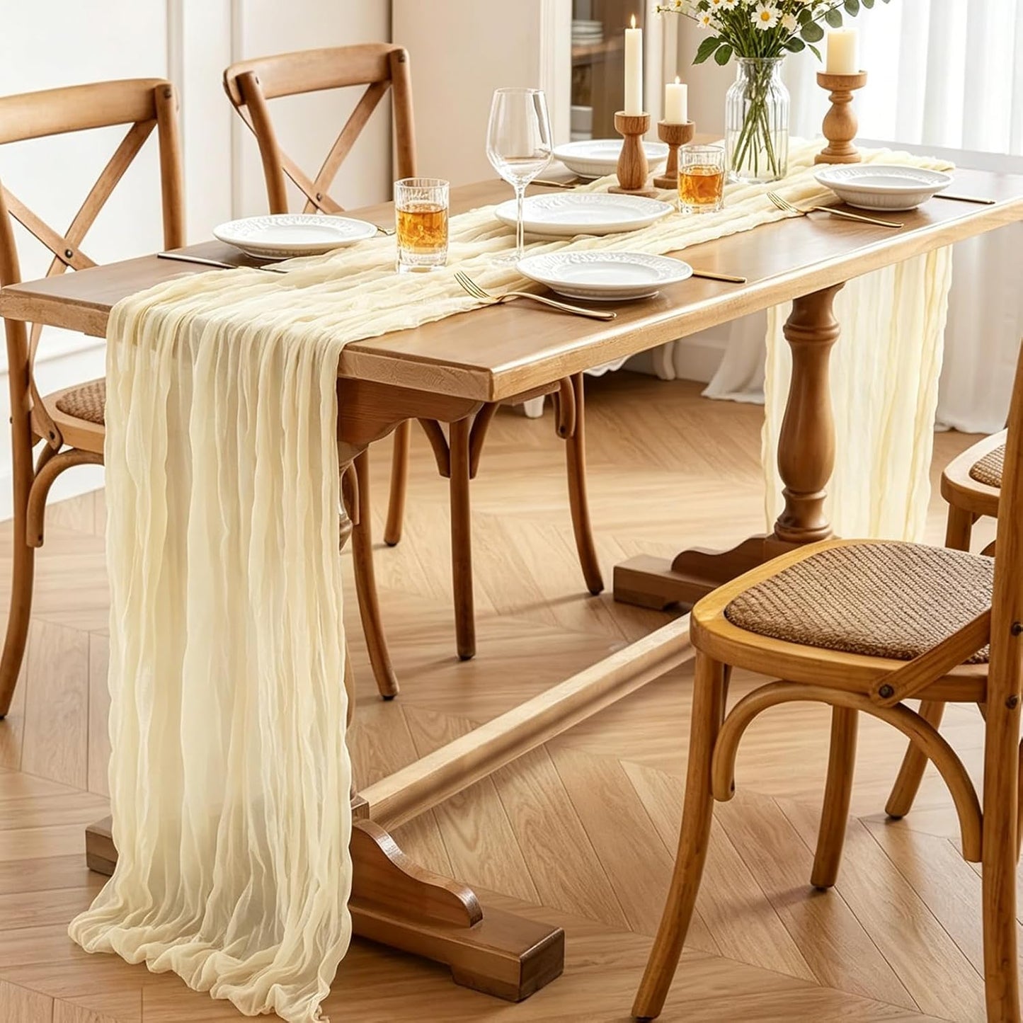 Yellow Cheesecloth Table Runner, 10FT Rustic Gold Boho Gauze Table Runner for Wedding Bridal Shower Baby Shower Birthday Tea Party Decorations