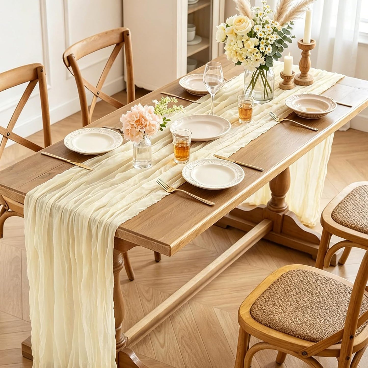 Yellow Cheesecloth Table Runner, 10FT Rustic Gold Boho Gauze Table Runner for Wedding Bridal Shower Baby Shower Birthday Tea Party Decorations