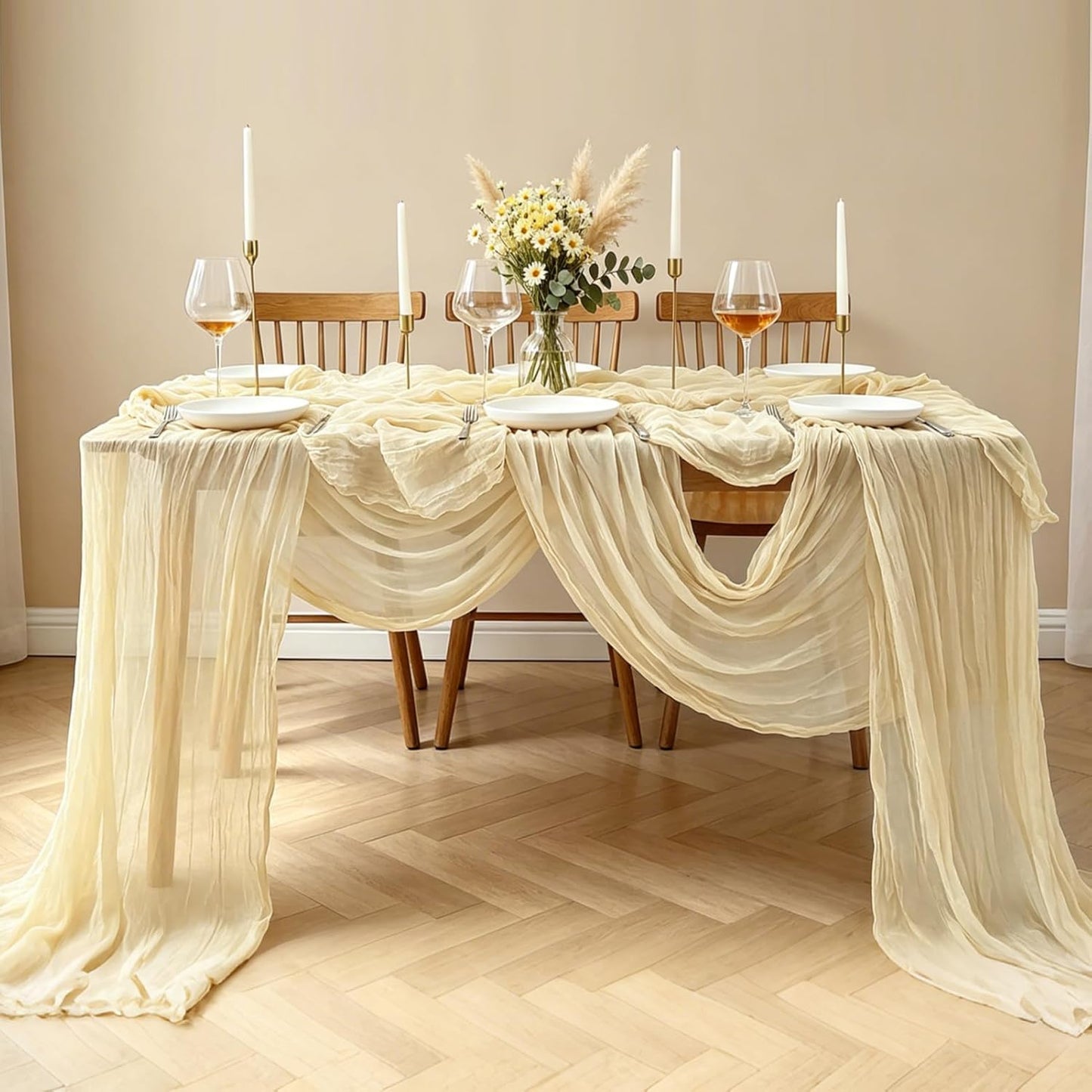 Yellow Cheesecloth Table Runner, 10FT Rustic Gold Boho Gauze Table Runner for Wedding Bridal Shower Baby Shower Birthday Tea Party Decorations