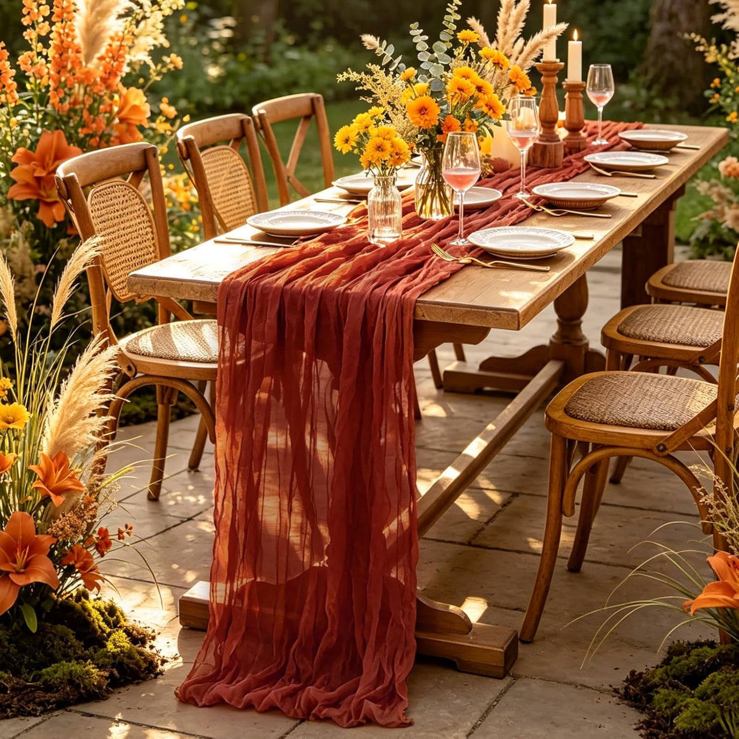 Yellow Cheesecloth Table Runner, 10FT Rustic Gold Boho Gauze Table Runner for Wedding Bridal Shower Baby Shower Birthday Tea Party Decorations