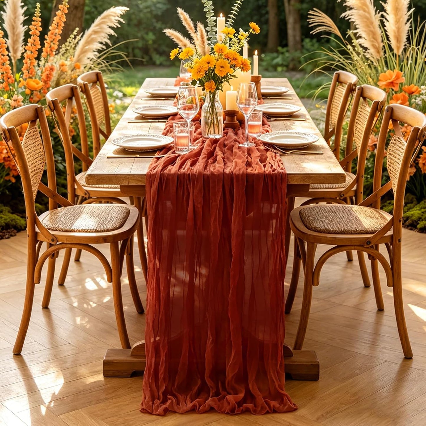 Yellow Cheesecloth Table Runner, 10FT Rustic Gold Boho Gauze Table Runner for Wedding Bridal Shower Baby Shower Birthday Tea Party Decorations
