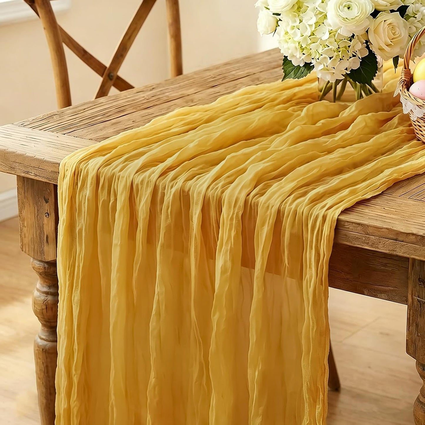 Yellow Cheesecloth Table Runner, 10FT Rustic Gold Boho Gauze Table Runner for Wedding Bridal Shower Baby Shower Birthday Tea Party Decorations
