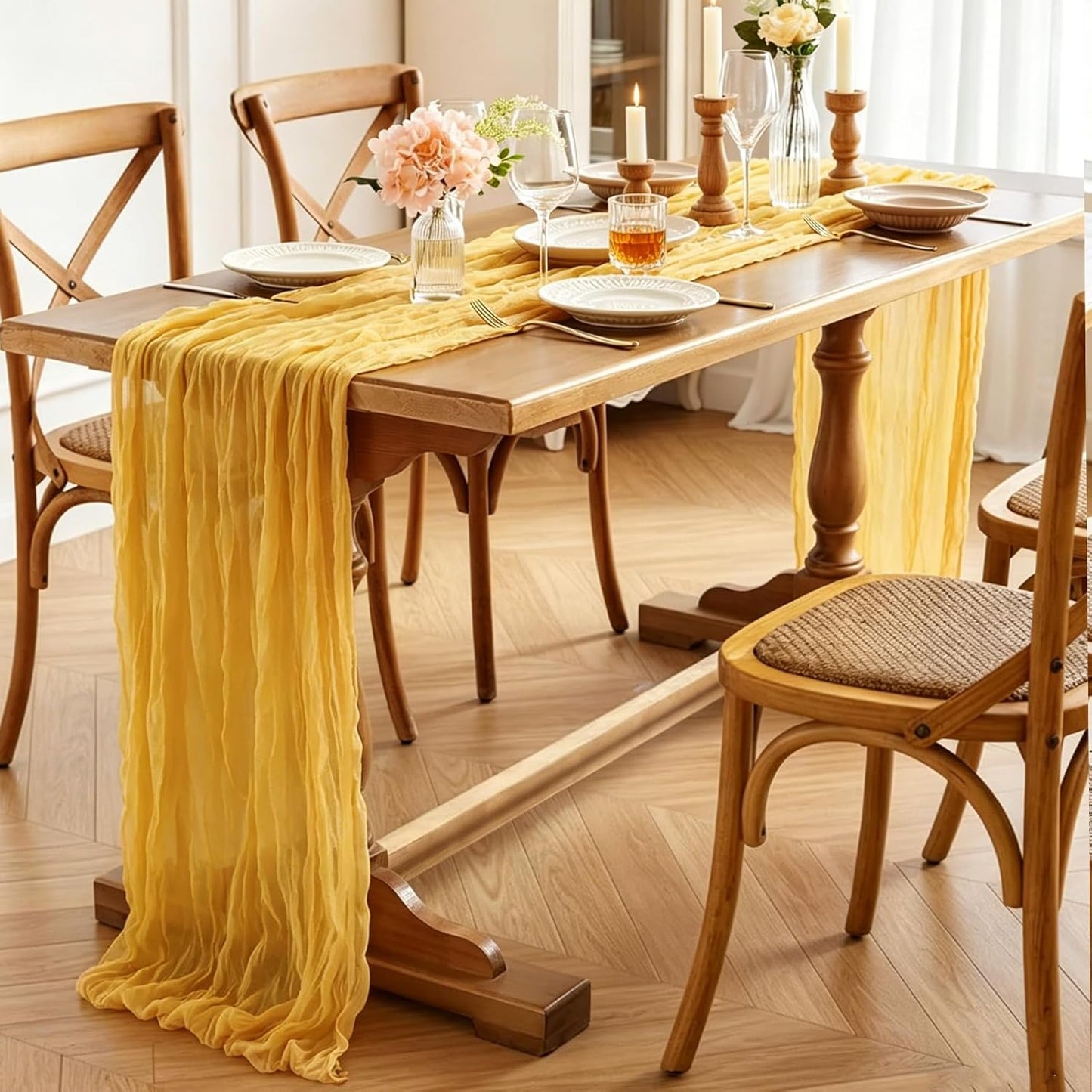 Yellow Cheesecloth Table Runner, 10FT Rustic Gold Boho Gauze Table Runner for Wedding Bridal Shower Baby Shower Birthday Tea Party Decorations