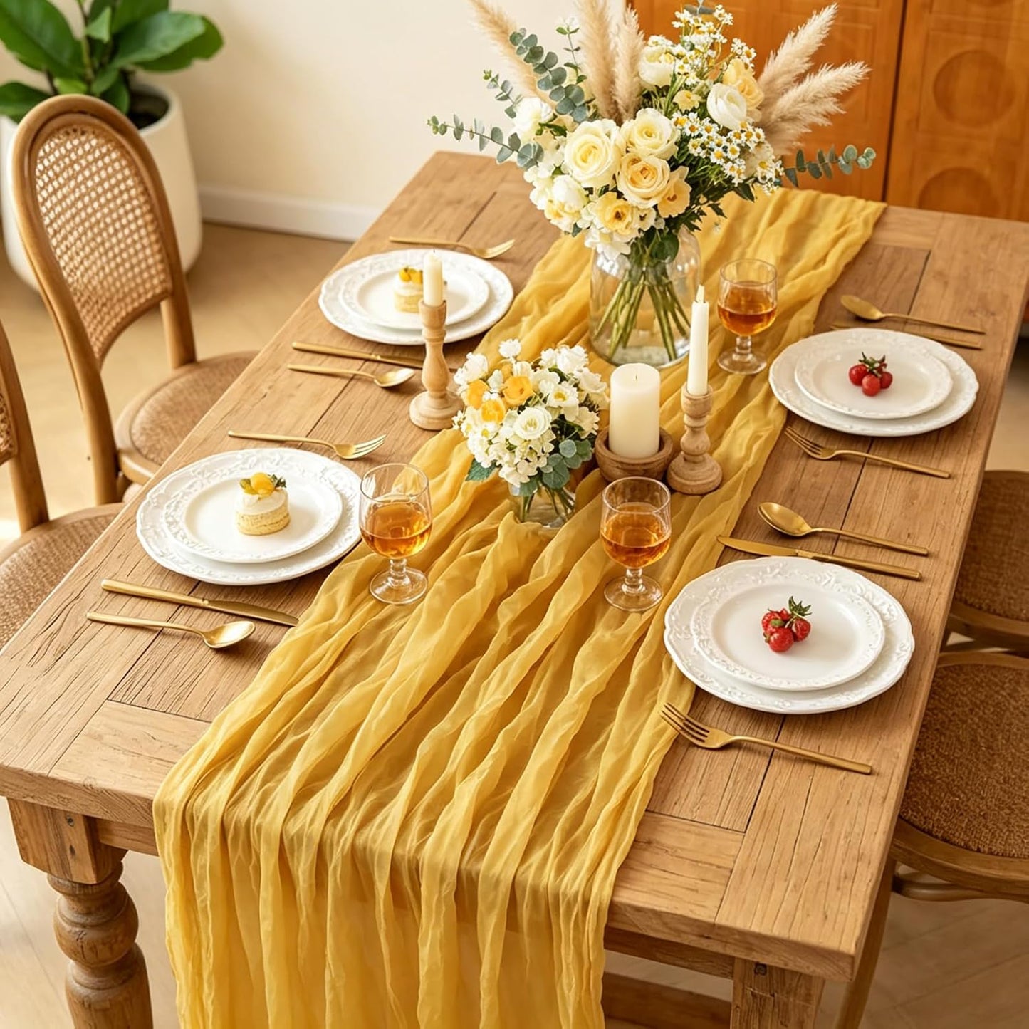 Yellow Cheesecloth Table Runner, 10FT Rustic Gold Boho Gauze Table Runner for Wedding Bridal Shower Baby Shower Birthday Tea Party Decorations