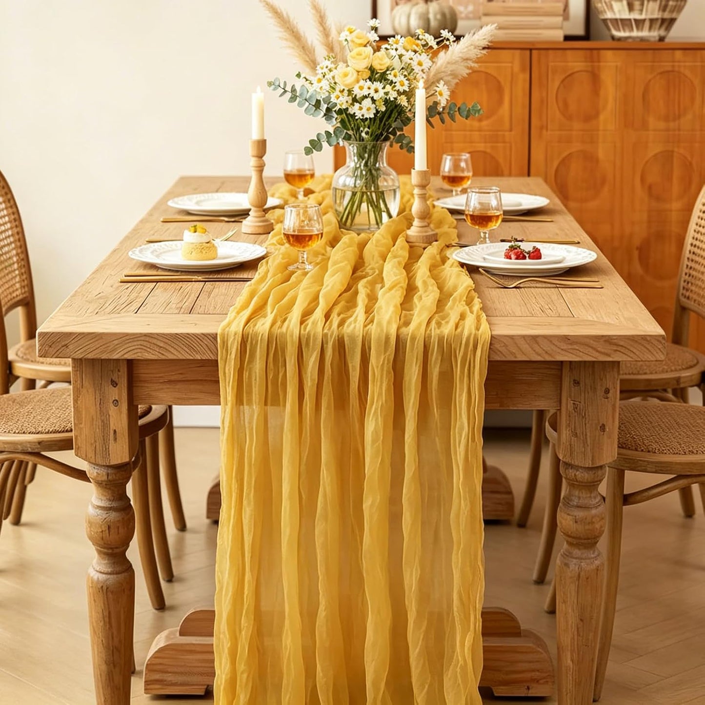 Yellow Cheesecloth Table Runner, 10FT Rustic Gold Boho Gauze Table Runner for Wedding Bridal Shower Baby Shower Birthday Tea Party Decorations