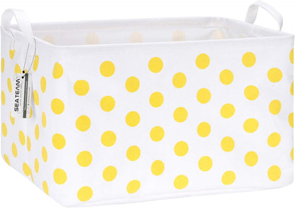Large Rectangle Open-Top Canvas Storage Basket, Yellow Dots | Collapsible Foldable Storage Bin Organizer with Waterproof Lining, 16.5 x 11.8 x 9.8 Inches, for Shelf, Closet, Home Storage