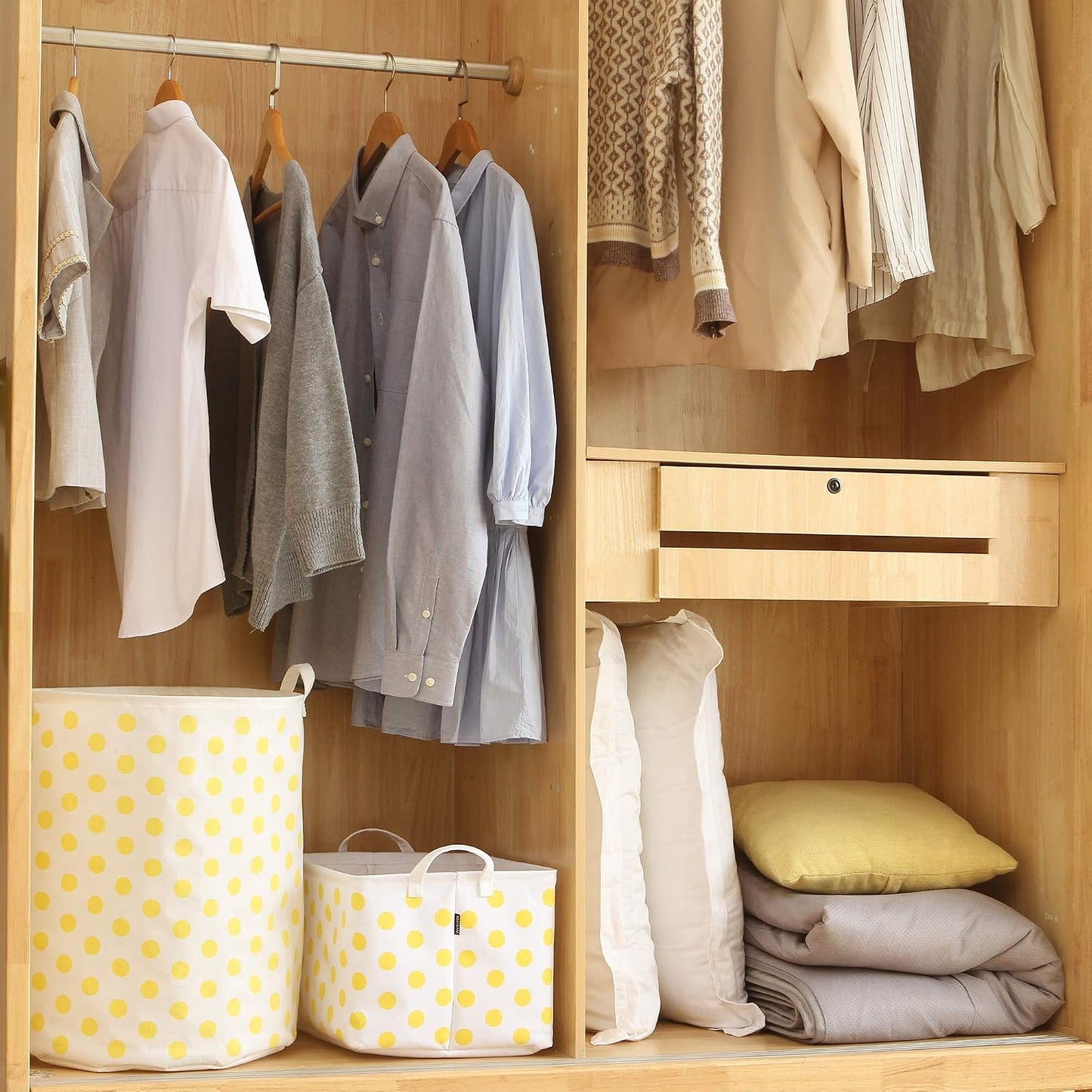 Large Rectangle Open-Top Canvas Storage Basket, Yellow Dots | Collapsible Foldable Storage Bin Organizer with Waterproof Lining, 16.5 x 11.8 x 9.8 Inches, for Shelf, Closet, Home Storage