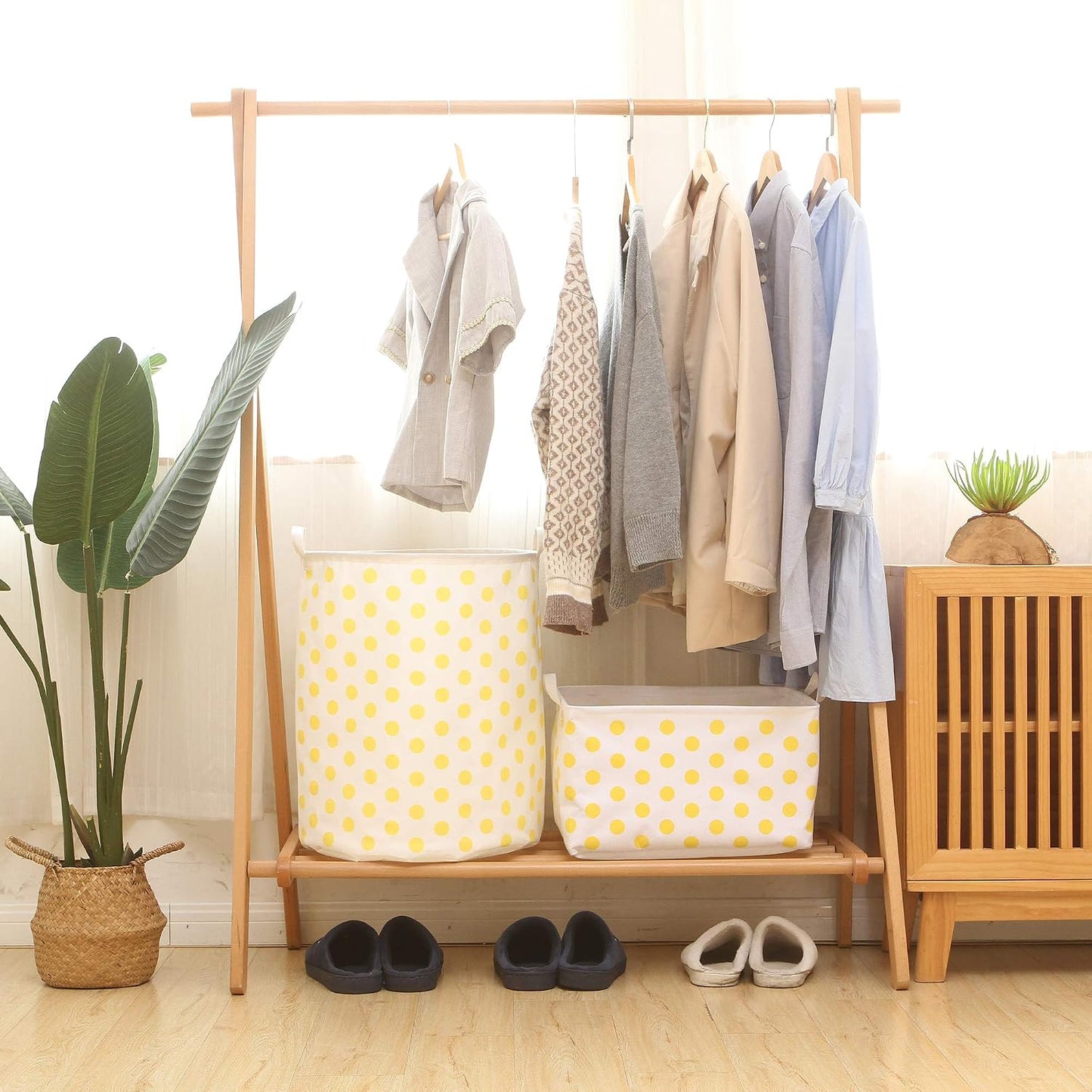 Large Rectangle Open-Top Canvas Storage Basket, Yellow Dots | Collapsible Foldable Storage Bin Organizer with Waterproof Lining, 16.5 x 11.8 x 9.8 Inches, for Shelf, Closet, Home Storage