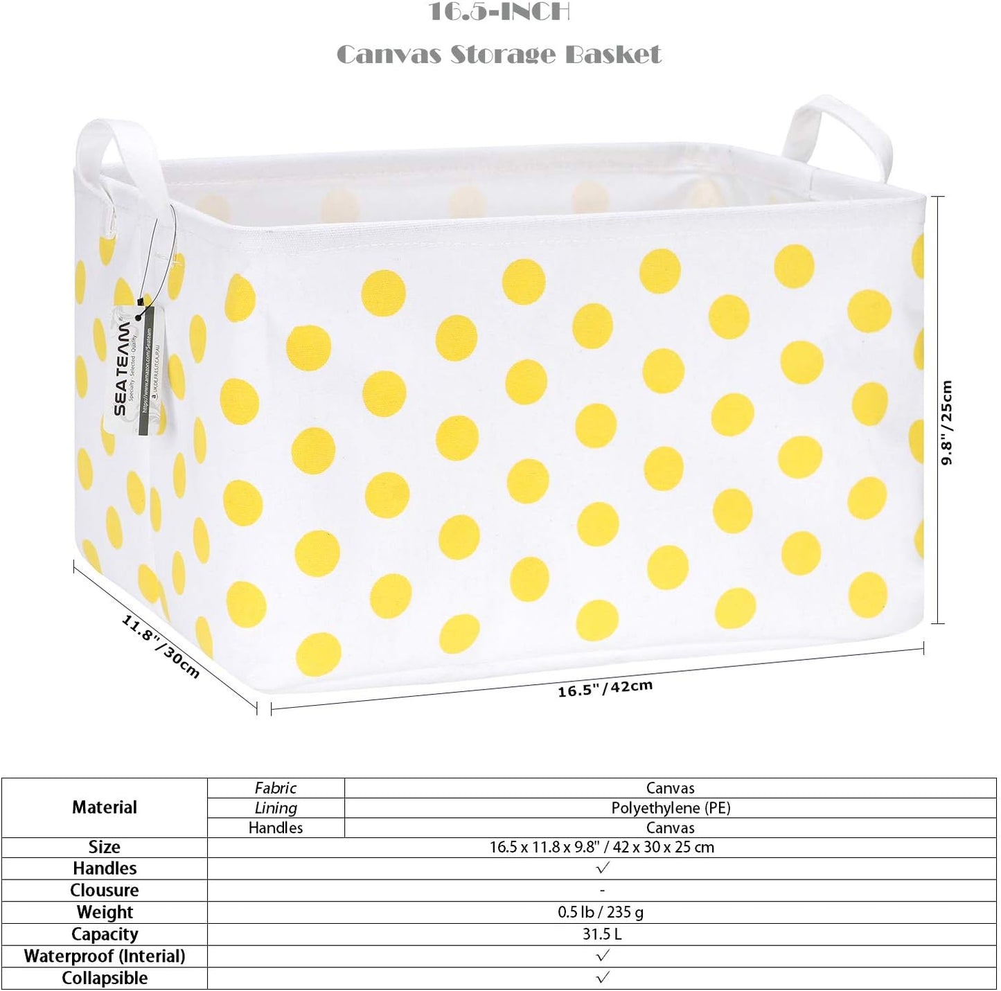Large Rectangle Open-Top Canvas Storage Basket, Yellow Dots | Collapsible Foldable Storage Bin Organizer with Waterproof Lining, 16.5 x 11.8 x 9.8 Inches, for Shelf, Closet, Home Storage