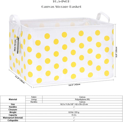 Large Rectangle Open-Top Canvas Storage Basket, Yellow Dots | Collapsible Foldable Storage Bin Organizer with Waterproof Lining, 16.5 x 11.8 x 9.8 Inches, for Shelf, Closet, Home Storage
