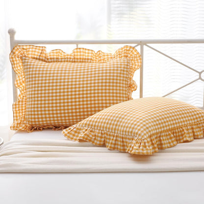 Yellow/White Plaid Ruffle Pillow Shams Standard Size Set of 2, Checkered Washed Cotton Mustard Gingham Pillow Covers Vintage Pillowcases 20"x26"