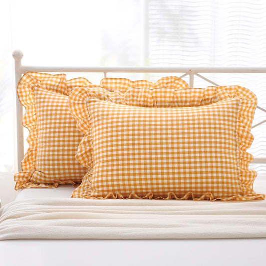 Yellow/White Plaid Ruffle Pillow Shams Standard Size Set of 2, Checkered Washed Cotton Mustard Gingham Pillow Covers Vintage Pillowcases 20"x26"
