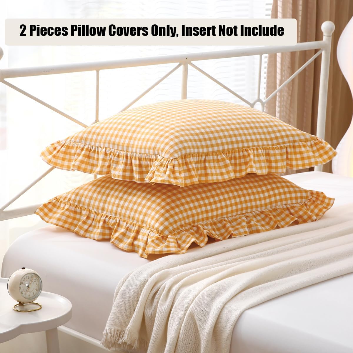 Yellow/White Plaid Ruffle Pillow Shams Standard Size Set of 2, Checkered Washed Cotton Mustard Gingham Pillow Covers Vintage Pillowcases 20"x26"
