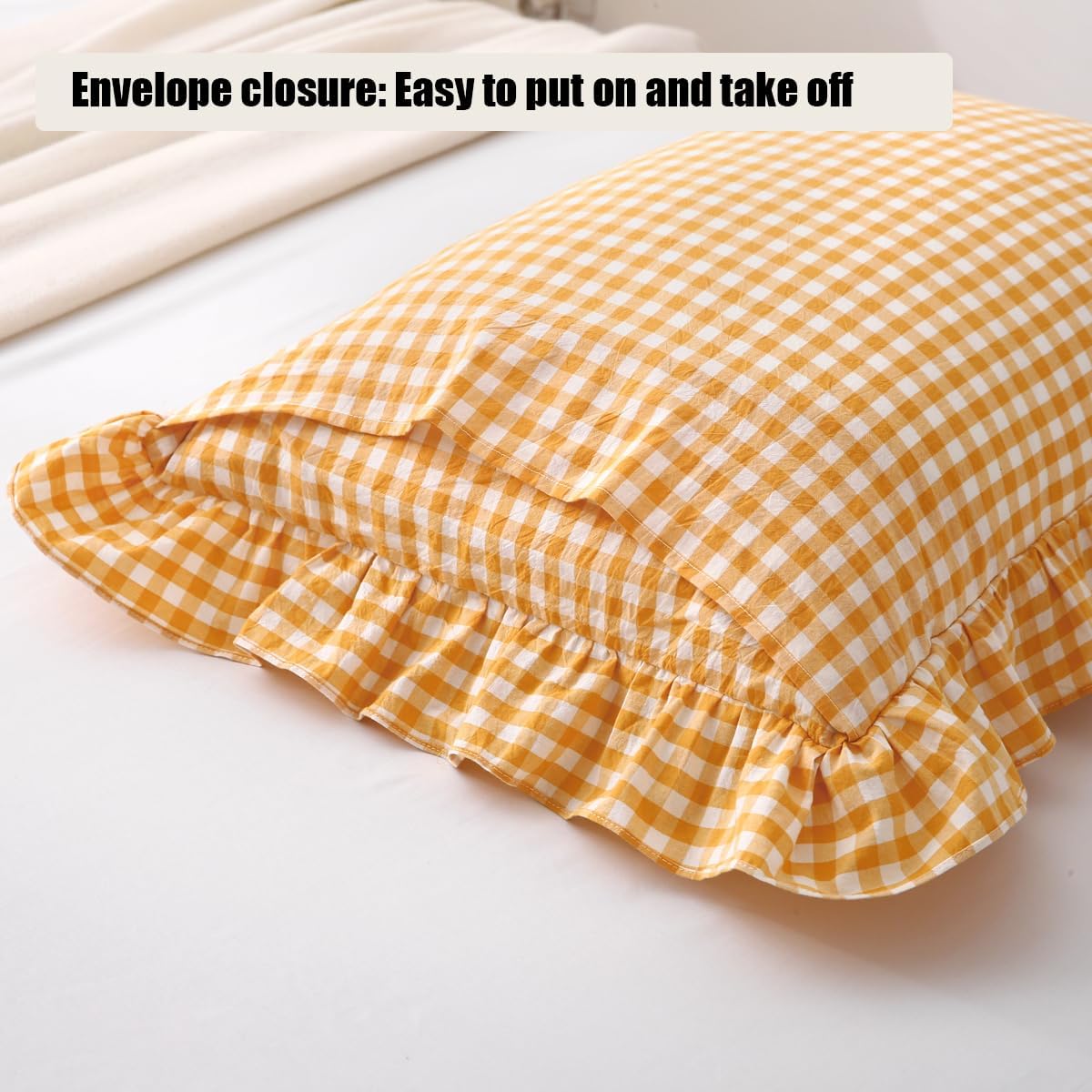 Yellow/White Plaid Ruffle Pillow Shams Standard Size Set of 2, Checkered Washed Cotton Mustard Gingham Pillow Covers Vintage Pillowcases 20"x26"