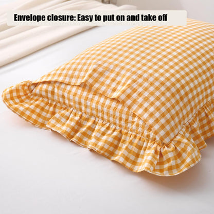Yellow/White Plaid Ruffle Pillow Shams Standard Size Set of 2, Checkered Washed Cotton Mustard Gingham Pillow Covers Vintage Pillowcases 20"x26"