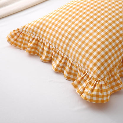 Yellow/White Plaid Ruffle Pillow Shams Standard Size Set of 2, Checkered Washed Cotton Mustard Gingham Pillow Covers Vintage Pillowcases 20"x26"