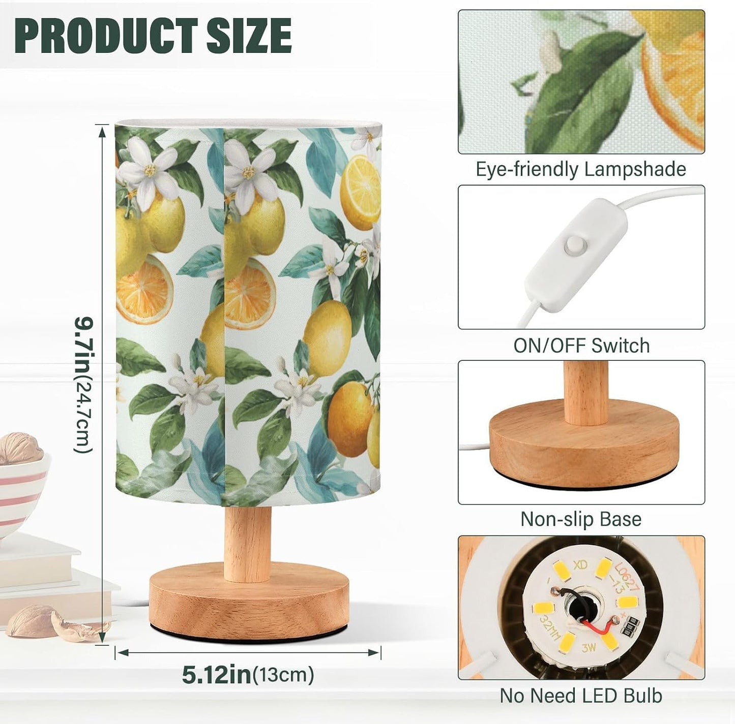 Bedside Table Lamp Lemon Yellow Citrus Fruits (52) Kids Nightstand Lamp Night Light Fabric Shade for Bedroom Living Room Home Office