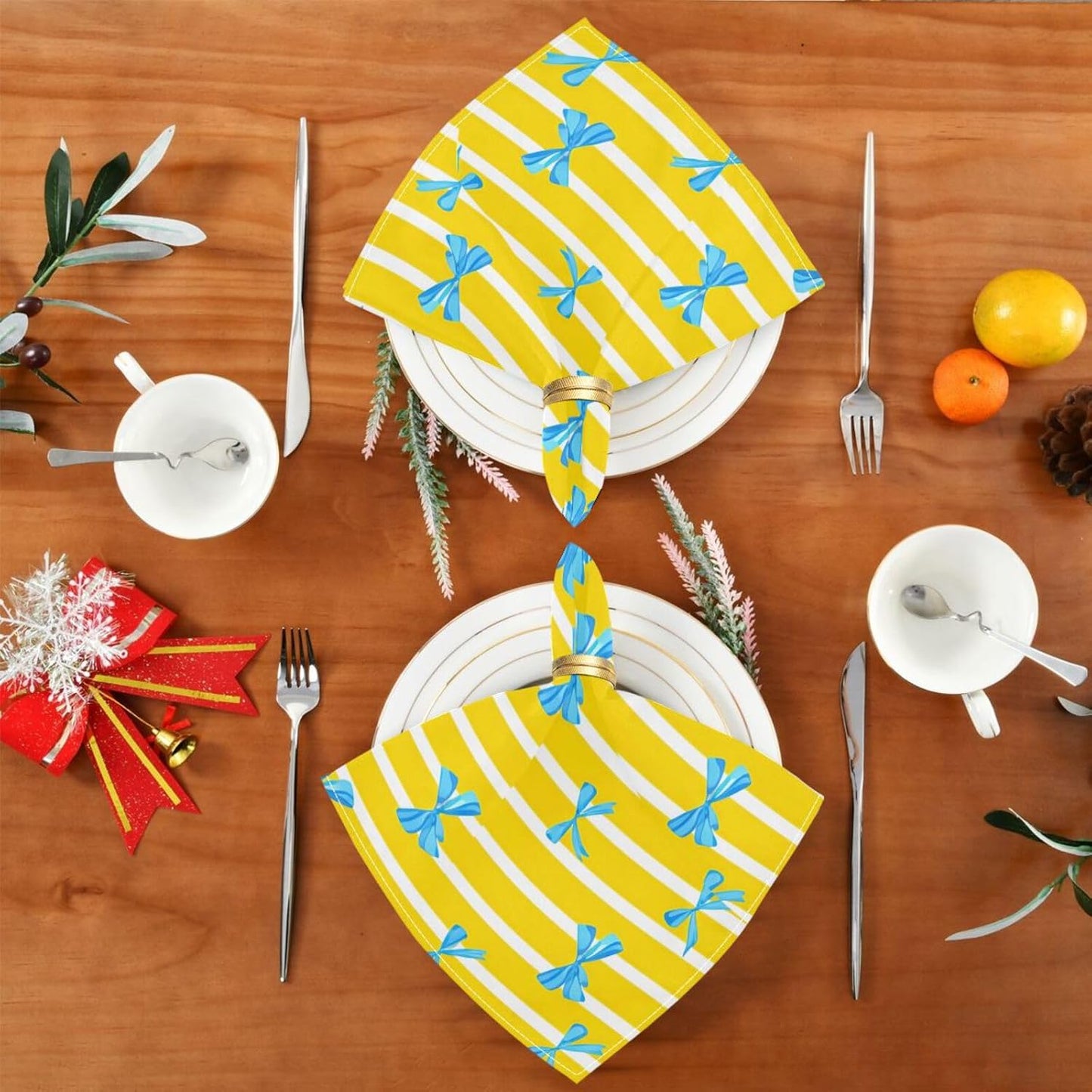 Yellow White Bows Cloth Napkins 20x20 Inch, 4 Pack Washable Dinner Napkins Reusable Napkins for Banquets, Weddings, Holiday, Party and Daily Use