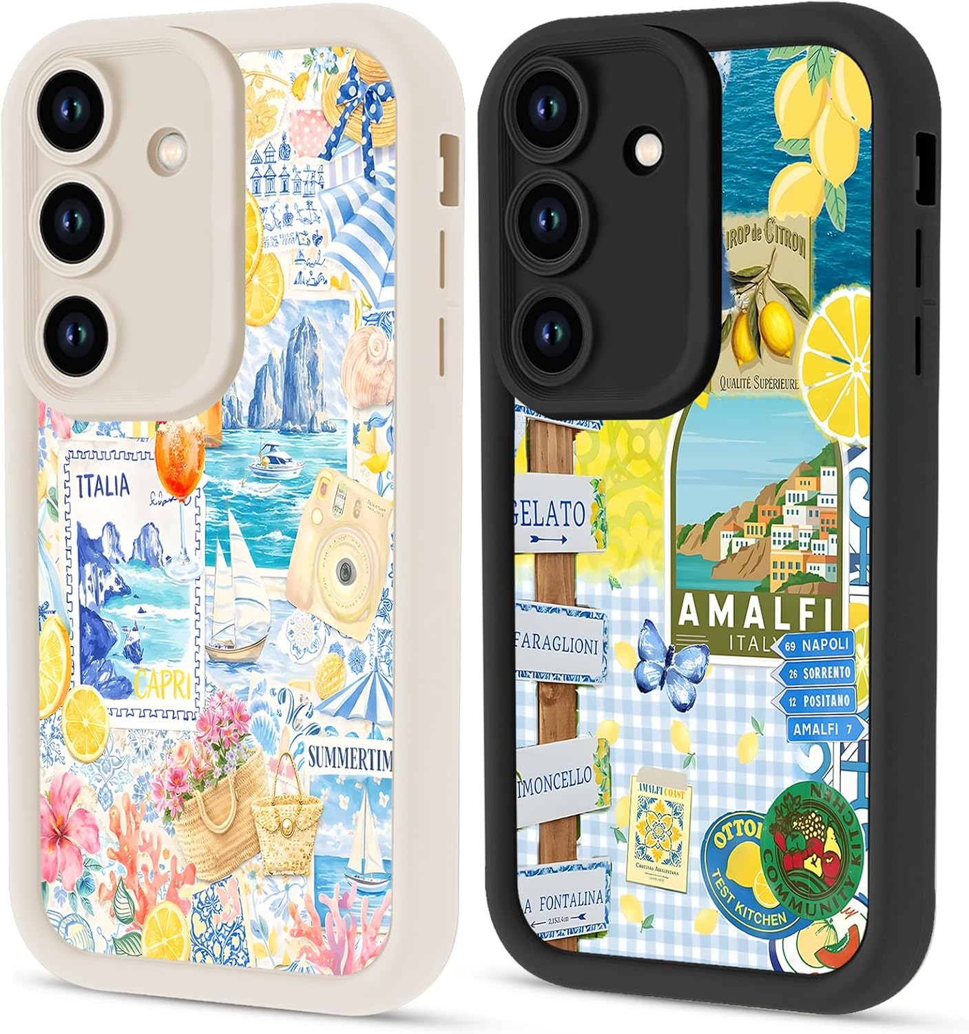 2 Pack Summer Italian Collage Phone Case for Samsung Galaxy A14 5G 6.6", Pretty Coastal Flower Fruit Lemon Coral Reef Pattern Checkered Design Cover Soft TPU Protective Cases for Women Girls