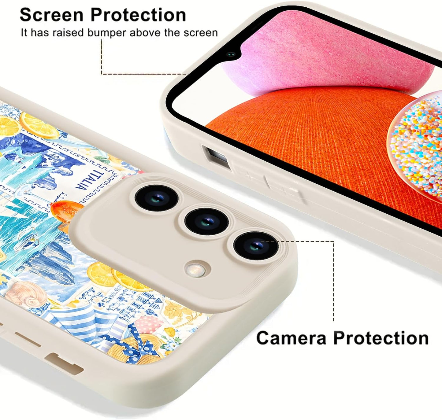 2 Pack Summer Italian Collage Phone Case for Samsung Galaxy A14 5G 6.6", Pretty Coastal Flower Fruit Lemon Coral Reef Pattern Checkered Design Cover Soft TPU Protective Cases for Women Girls