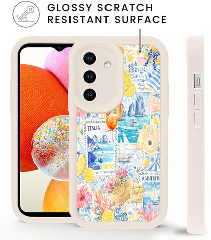 2 Pack Summer Italian Collage Phone Case for Samsung Galaxy A14 5G 6.6", Pretty Coastal Flower Fruit Lemon Coral Reef Pattern Checkered Design Cover Soft TPU Protective Cases for Women Girls