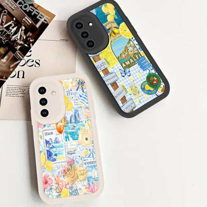 2 Pack Summer Italian Collage Phone Case for Samsung Galaxy A14 5G 6.6", Pretty Coastal Flower Fruit Lemon Coral Reef Pattern Checkered Design Cover Soft TPU Protective Cases for Women Girls