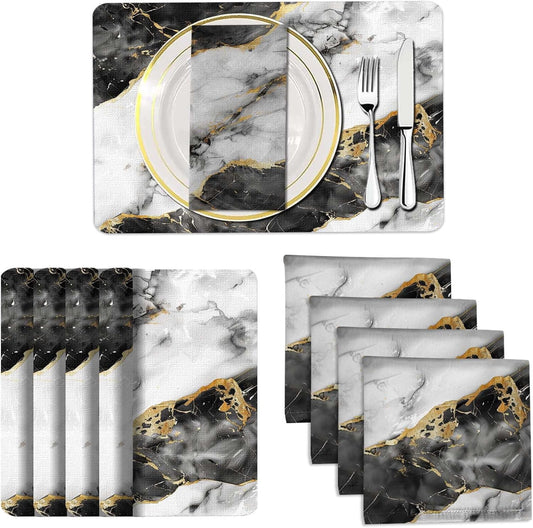 4 Each Yellow Placemats and Cloth Napkins Set of 8, Modern Abstract Art Painted Placemat for Home Kitchen Decor (Placemats 18 "x12 Cloth Napkins 18 "x18)
