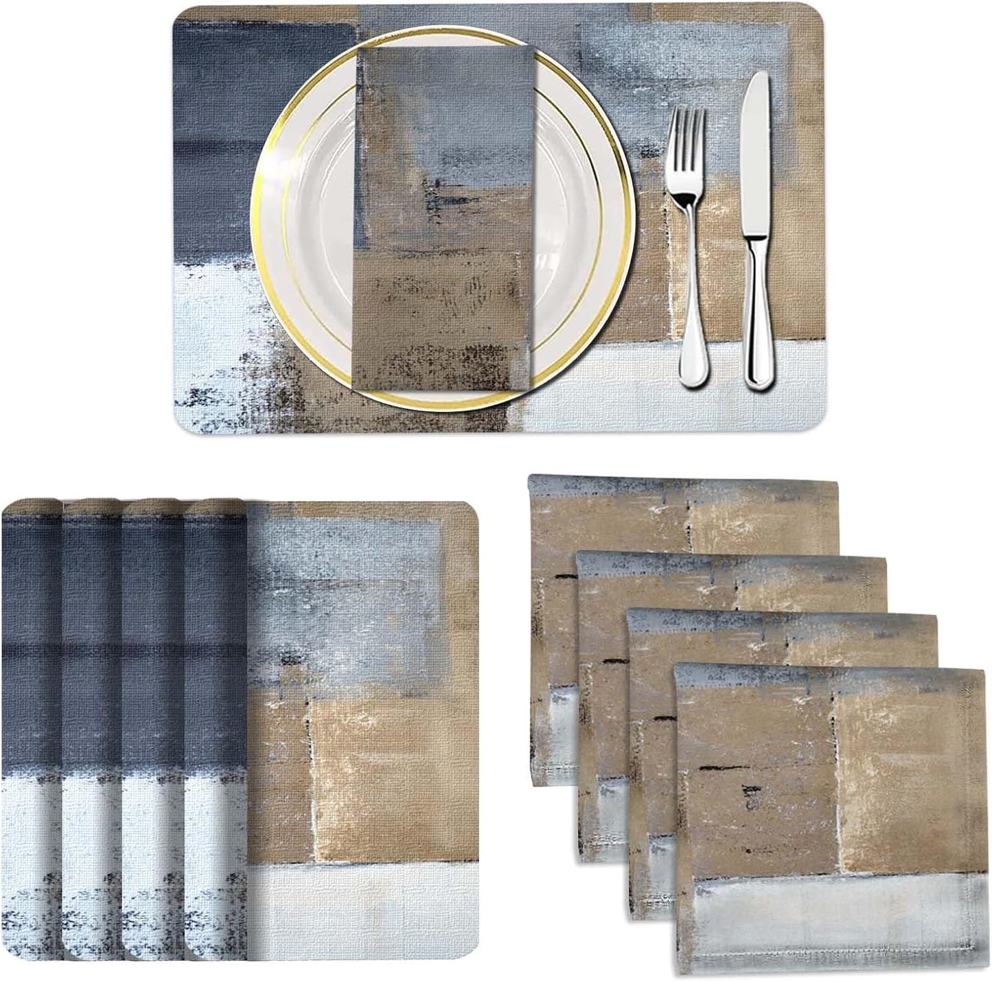 4 Each Yellow Placemats and Cloth Napkins Set of 8, Modern Abstract Art Painted Placemat for Home Kitchen Decor (Placemats 18 "x12 Cloth Napkins 18 "x18)