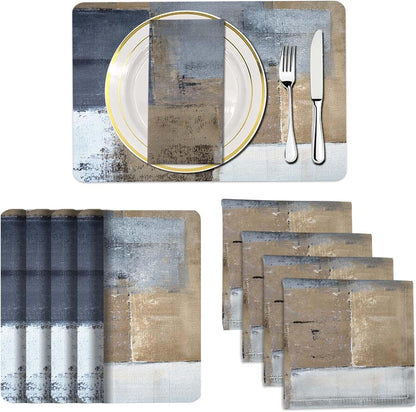 4 Each Yellow Placemats and Cloth Napkins Set of 8, Modern Abstract Art Painted Placemat for Home Kitchen Decor (Placemats 18 "x12 Cloth Napkins 18 "x18)