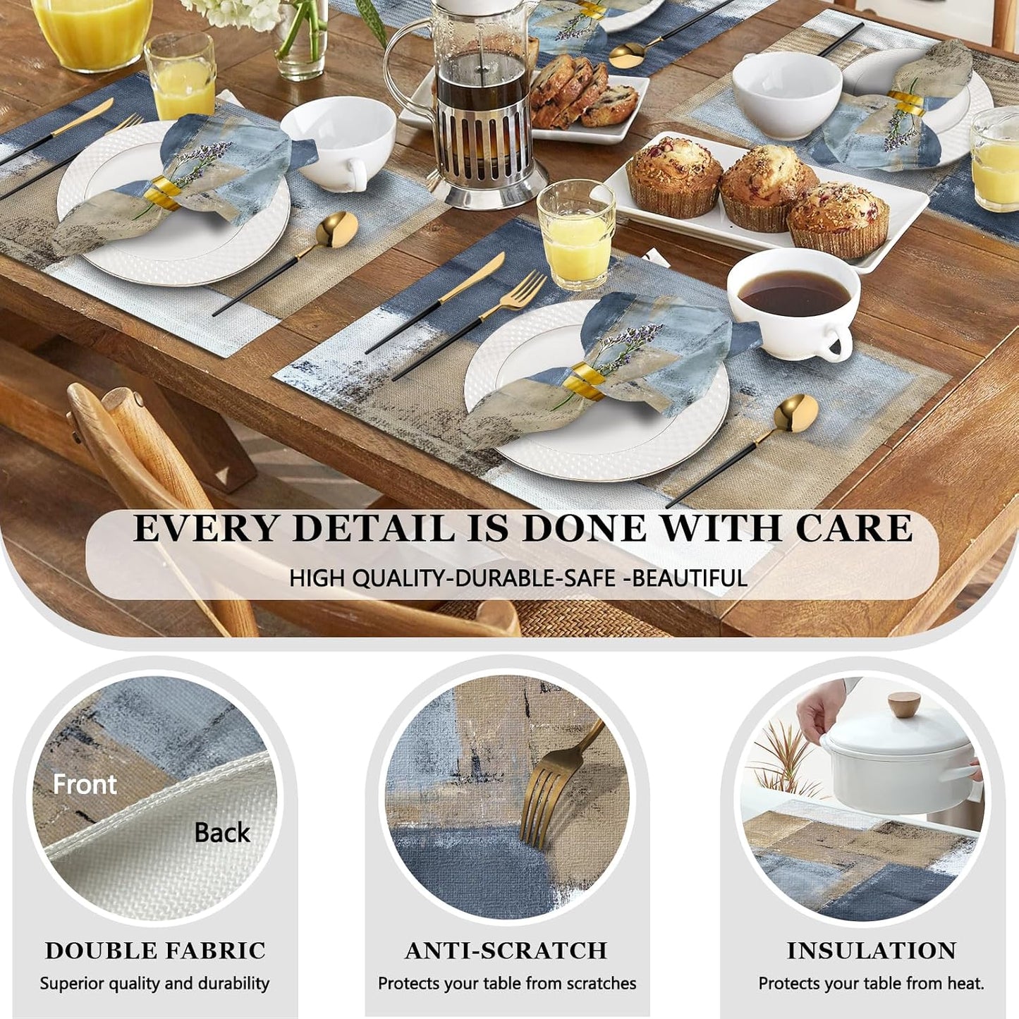 4 Each Yellow Placemats and Cloth Napkins Set of 8, Modern Abstract Art Painted Placemat for Home Kitchen Decor (Placemats 18 "x12 Cloth Napkins 18 "x18)