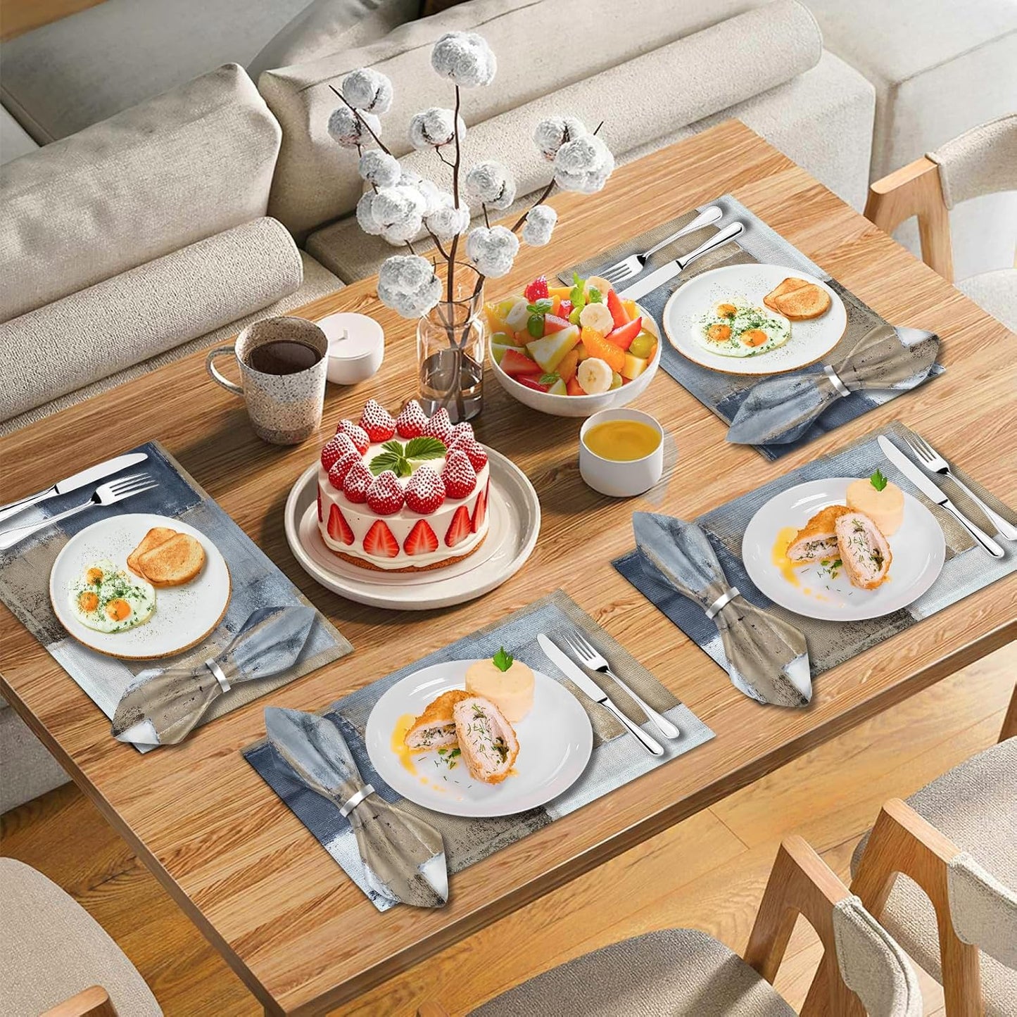 4 Each Yellow Placemats and Cloth Napkins Set of 8, Modern Abstract Art Painted Placemat for Home Kitchen Decor (Placemats 18 "x12 Cloth Napkins 18 "x18)