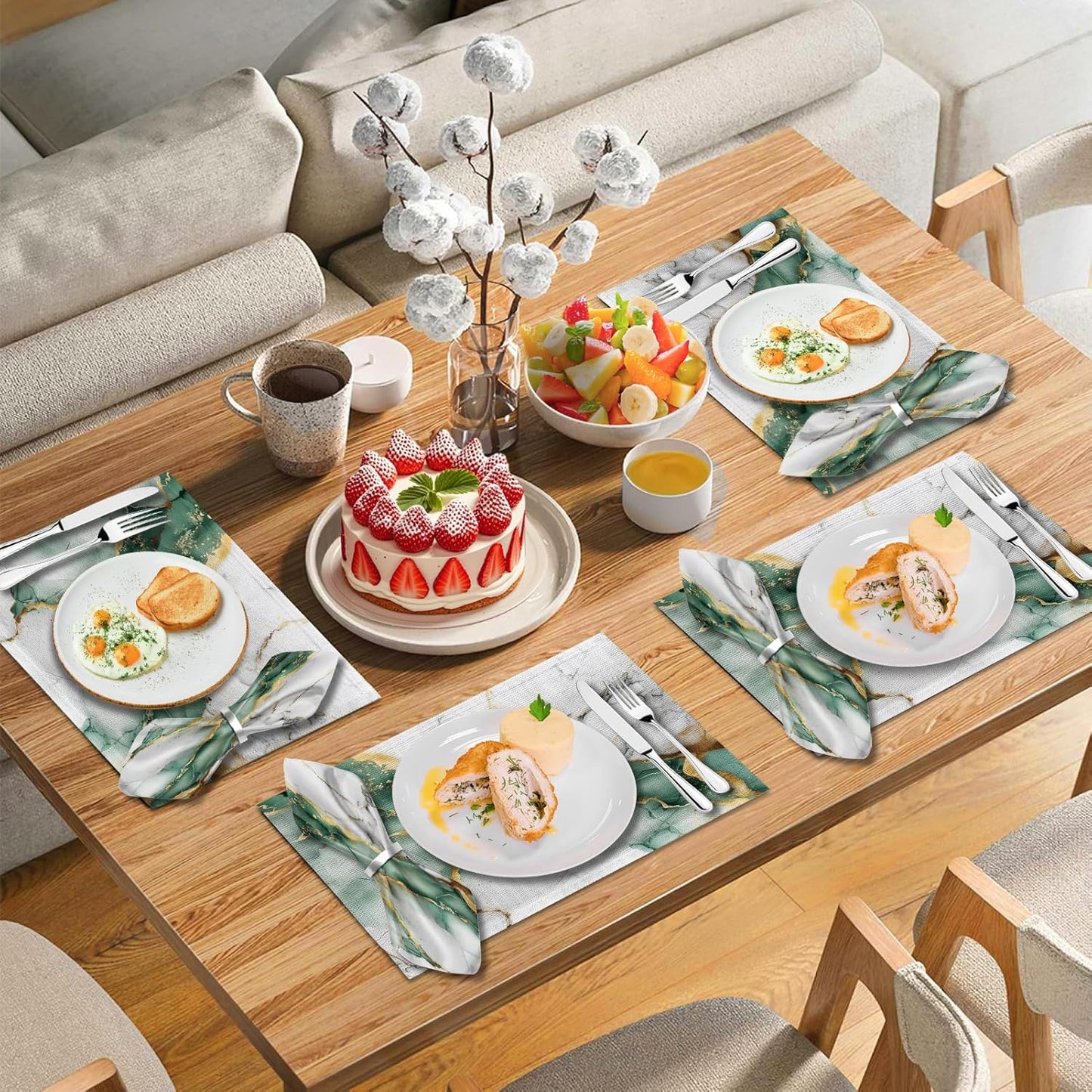4 Each Yellow Placemats and Cloth Napkins Set of 8, Modern Abstract Art Painted Placemat for Home Kitchen Decor (Placemats 18 "x12 Cloth Napkins 18 "x18)