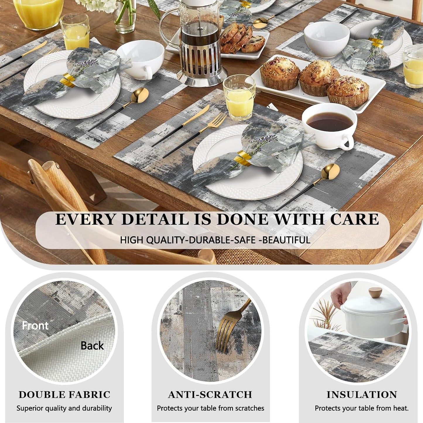 4 Each Yellow Placemats and Cloth Napkins Set of 8, Modern Abstract Art Painted Placemat for Home Kitchen Decor (Placemats 18 "x12 Cloth Napkins 18 "x18)