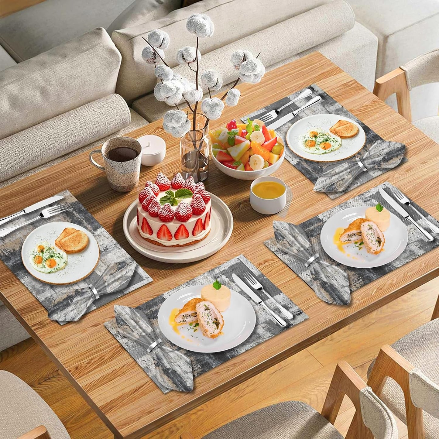 4 Each Yellow Placemats and Cloth Napkins Set of 8, Modern Abstract Art Painted Placemat for Home Kitchen Decor (Placemats 18 "x12 Cloth Napkins 18 "x18)