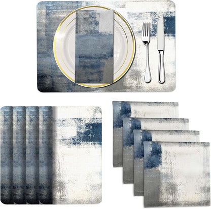 4 Each Yellow Placemats and Cloth Napkins Set of 8, Modern Abstract Art Painted Placemat for Home Kitchen Decor (Placemats 18 "x12 Cloth Napkins 18 "x18)