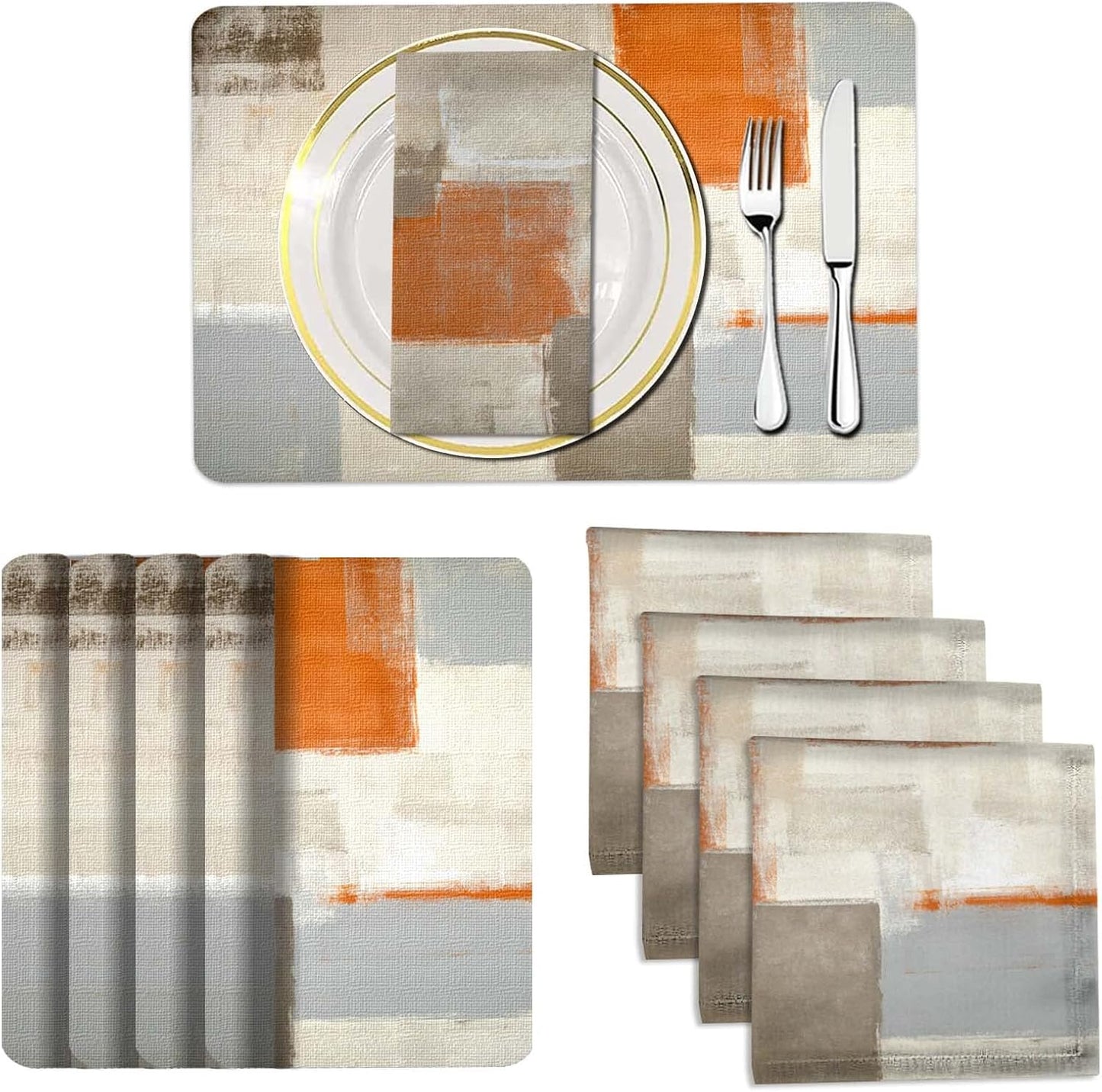 4 Each Yellow Placemats and Cloth Napkins Set of 8, Modern Abstract Art Painted Placemat for Home Kitchen Decor (Placemats 18 "x12 Cloth Napkins 18 "x18)