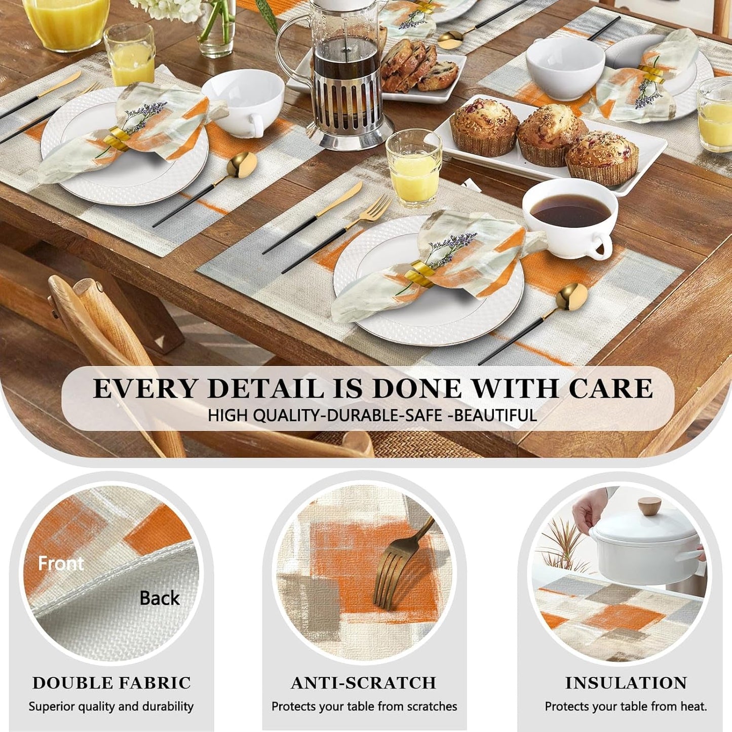 4 Each Yellow Placemats and Cloth Napkins Set of 8, Modern Abstract Art Painted Placemat for Home Kitchen Decor (Placemats 18 "x12 Cloth Napkins 18 "x18)