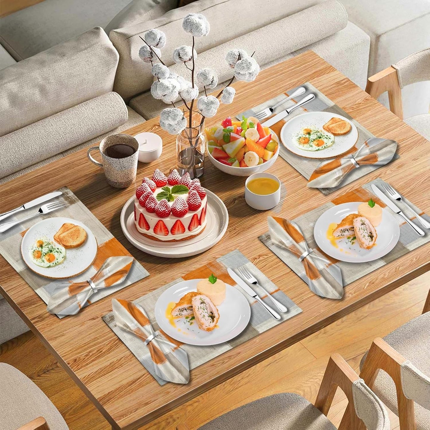 4 Each Yellow Placemats and Cloth Napkins Set of 8, Modern Abstract Art Painted Placemat for Home Kitchen Decor (Placemats 18 "x12 Cloth Napkins 18 "x18)