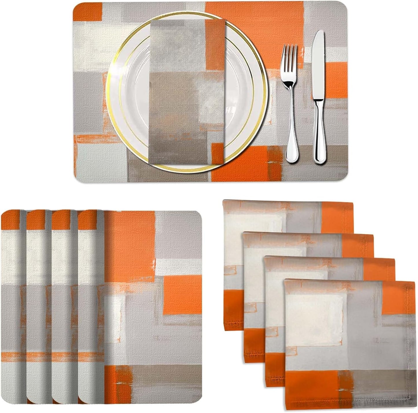 4 Each Yellow Placemats and Cloth Napkins Set of 8, Modern Abstract Art Painted Placemat for Home Kitchen Decor (Placemats 18 "x12 Cloth Napkins 18 "x18)