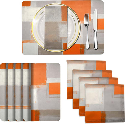 4 Each Yellow Placemats and Cloth Napkins Set of 8, Modern Abstract Art Painted Placemat for Home Kitchen Decor (Placemats 18 "x12 Cloth Napkins 18 "x18)