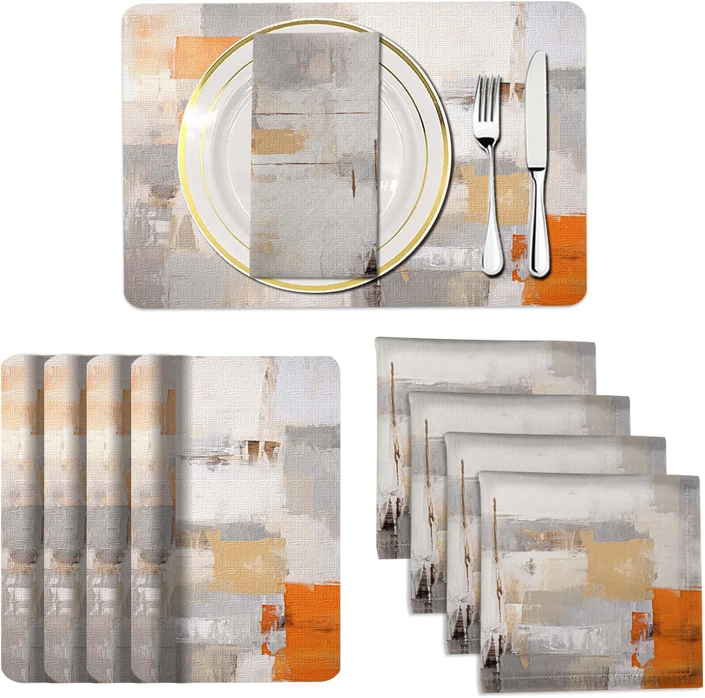 4 Each Yellow Placemats and Cloth Napkins Set of 8, Modern Abstract Art Painted Placemat for Home Kitchen Decor (Placemats 18 "x12 Cloth Napkins 18 "x18)