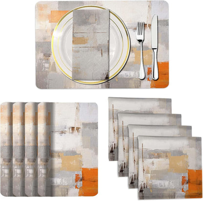 4 Each Yellow Placemats and Cloth Napkins Set of 8, Modern Abstract Art Painted Placemat for Home Kitchen Decor (Placemats 18 "x12 Cloth Napkins 18 "x18)