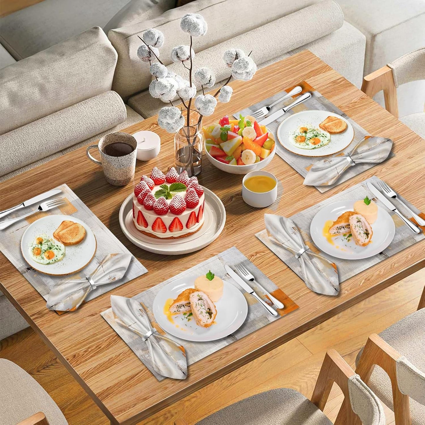 4 Each Yellow Placemats and Cloth Napkins Set of 8, Modern Abstract Art Painted Placemat for Home Kitchen Decor (Placemats 18 "x12 Cloth Napkins 18 "x18)