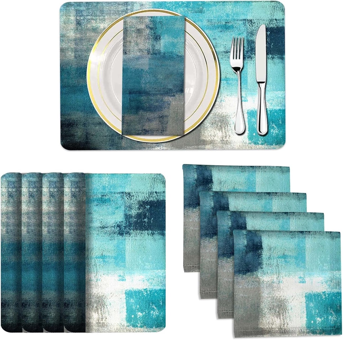 4 Each Yellow Placemats and Cloth Napkins Set of 8, Modern Abstract Art Painted Placemat for Home Kitchen Decor (Placemats 18 "x12 Cloth Napkins 18 "x18)