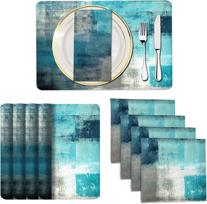 4 Each Yellow Placemats and Cloth Napkins Set of 8, Modern Abstract Art Painted Placemat for Home Kitchen Decor (Placemats 18 "x12 Cloth Napkins 18 "x18)