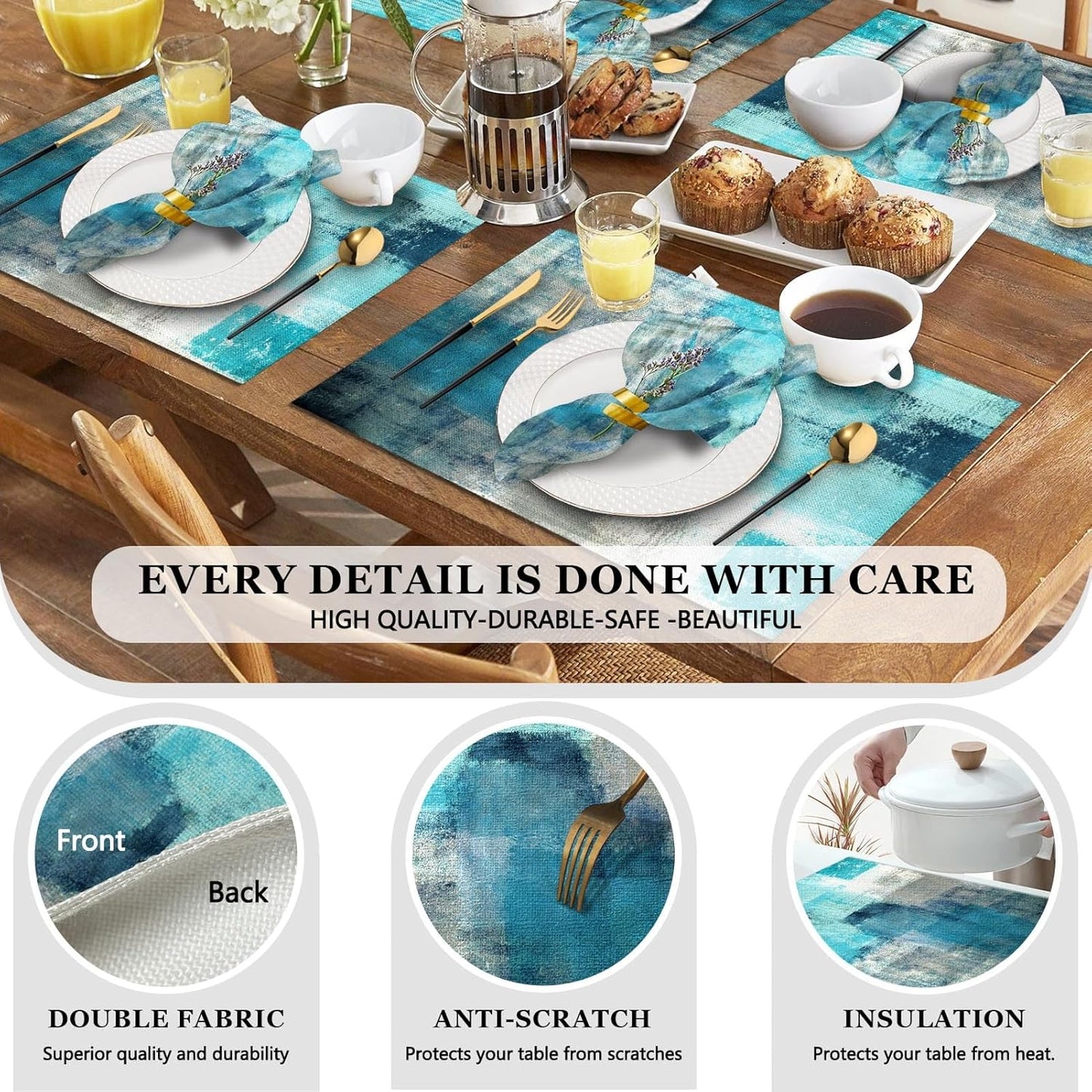 4 Each Yellow Placemats and Cloth Napkins Set of 8, Modern Abstract Art Painted Placemat for Home Kitchen Decor (Placemats 18 "x12 Cloth Napkins 18 "x18)