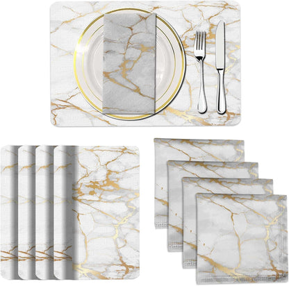 4 Each Yellow Placemats and Cloth Napkins Set of 8, Modern Abstract Art Painted Placemat for Home Kitchen Decor (Placemats 18 "x12 Cloth Napkins 18 "x18)