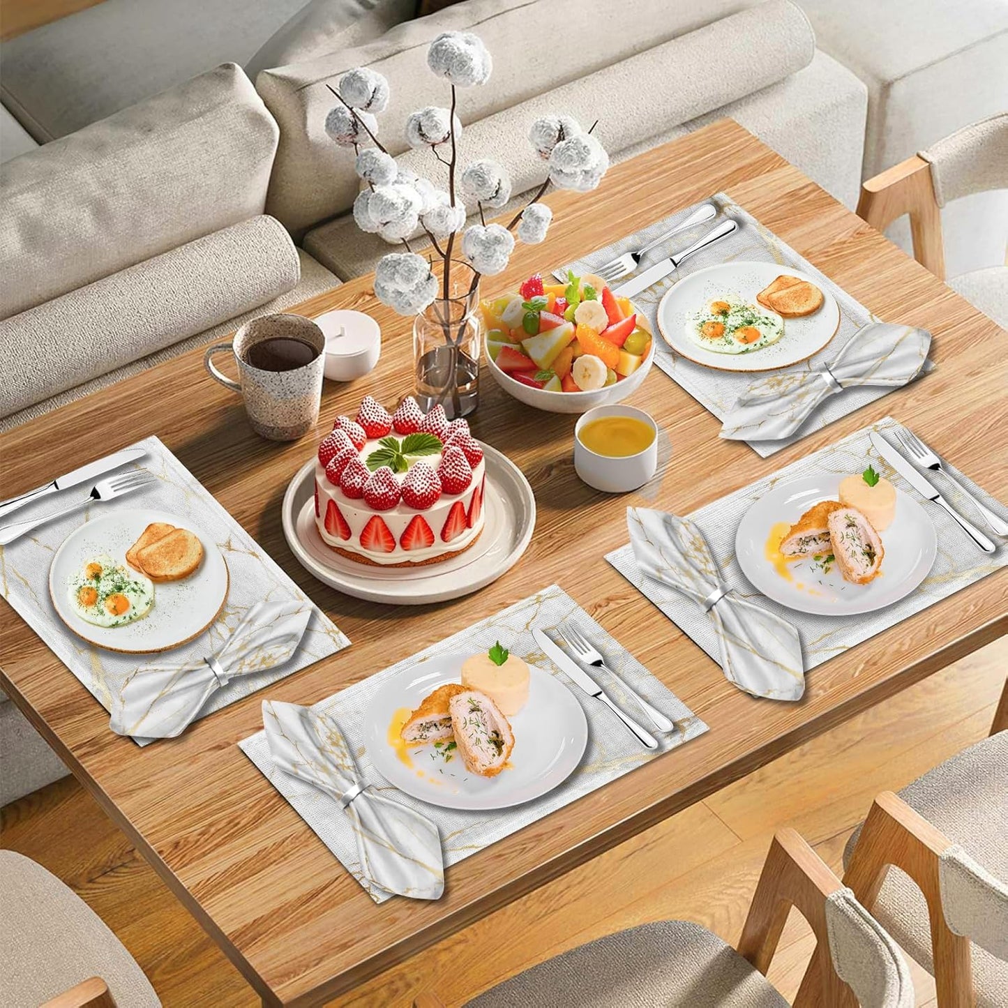 4 Each Yellow Placemats and Cloth Napkins Set of 8, Modern Abstract Art Painted Placemat for Home Kitchen Decor (Placemats 18 "x12 Cloth Napkins 18 "x18)